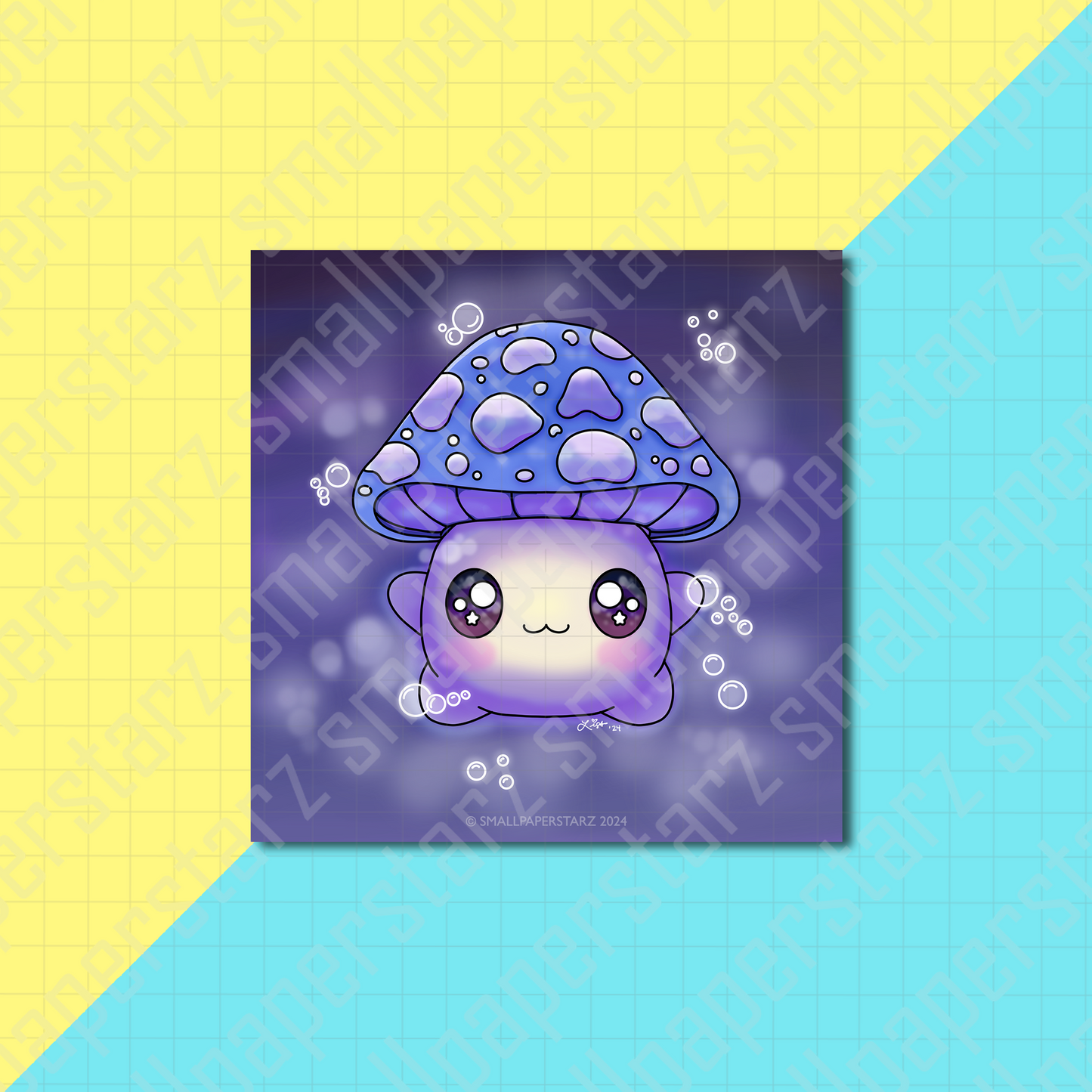 A031 - Floating Blue Mushie Mushroom 5x5in Signed Art Print