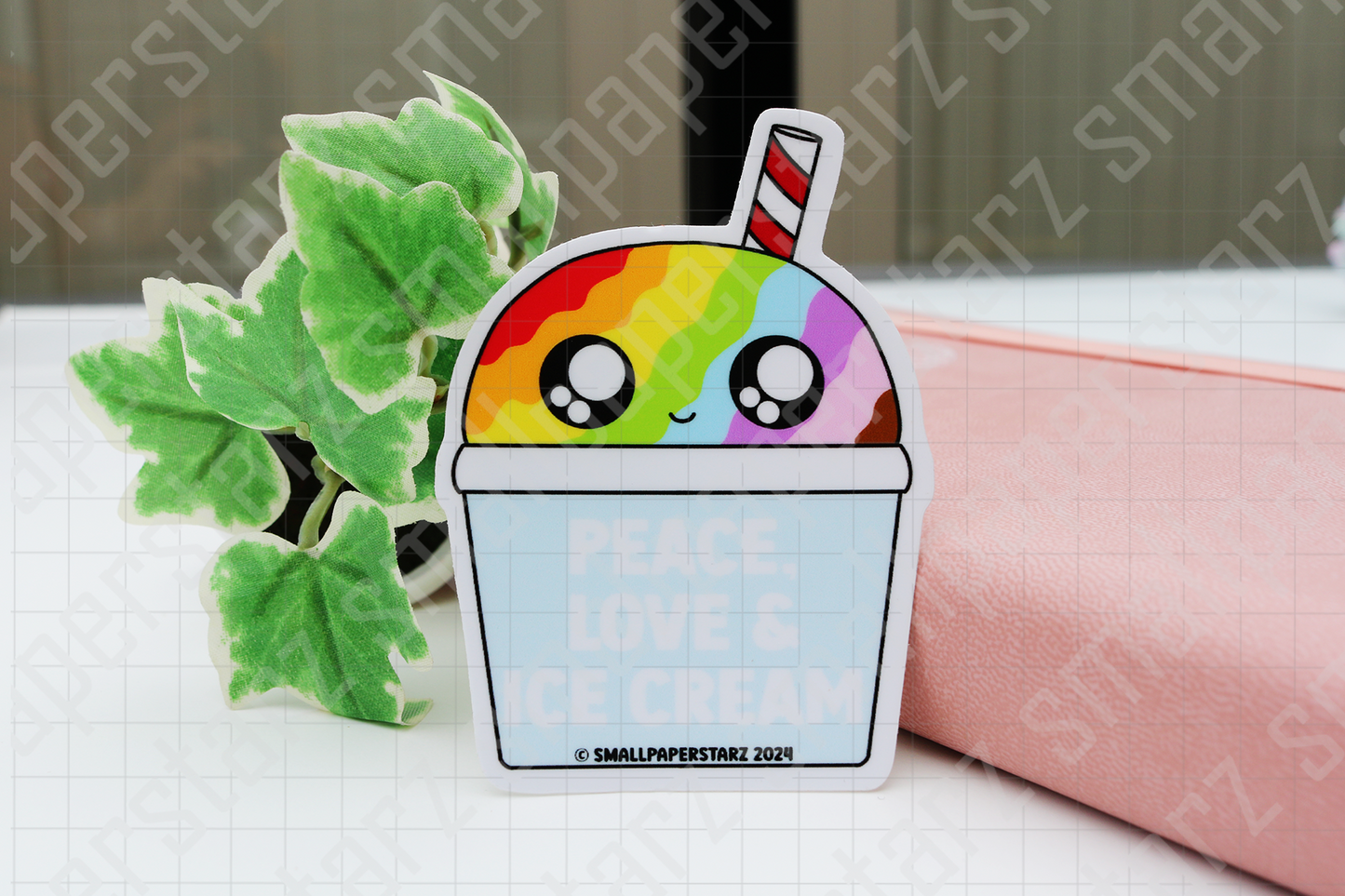 F043 - Peace, Love and Rainbow Ice Cream Waterproof Vinyl Die Cut Sticker