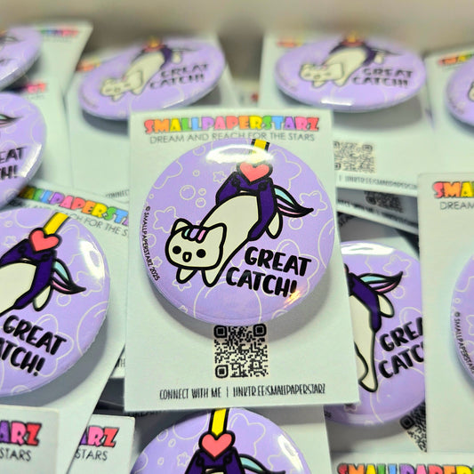 L030 - Great Catch Lily Cat Claw UFO Machine Pinback Button / Badge