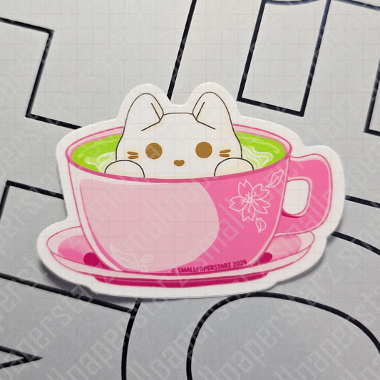 F050 - Marshmallow Cat / Kitty Matcha Latte Waterproof Vinyl Die Cut Sticker