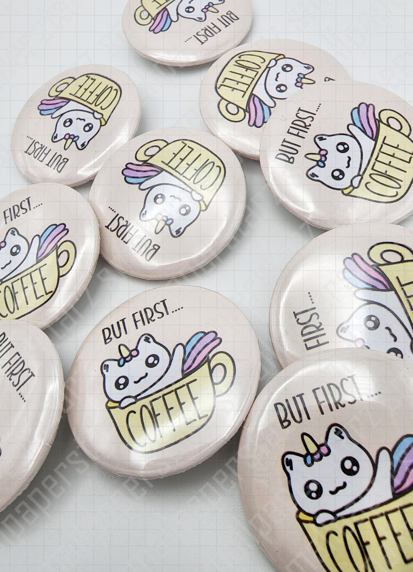 L008 - But First...Coffee Lily the Cat Pinback Button / Badge