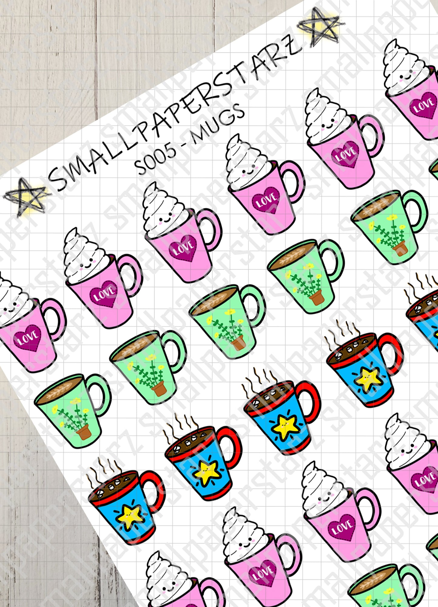 S005 - Coffee Tea Hot Chocolate Drink Mugs Sticker Sheet