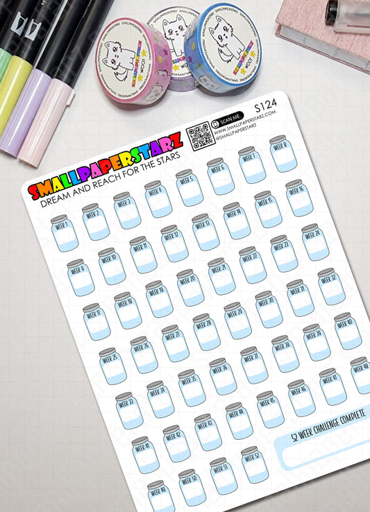 S124 - 52 Week Money / Savings Challenge Jars Blue Sticker Sheet