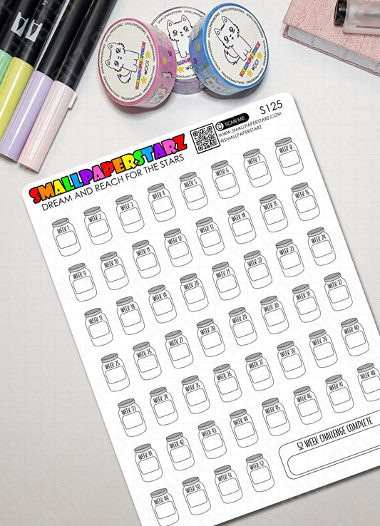 S125 - 52 Week Money / Savings Challenge Jars White Sticker Sheet