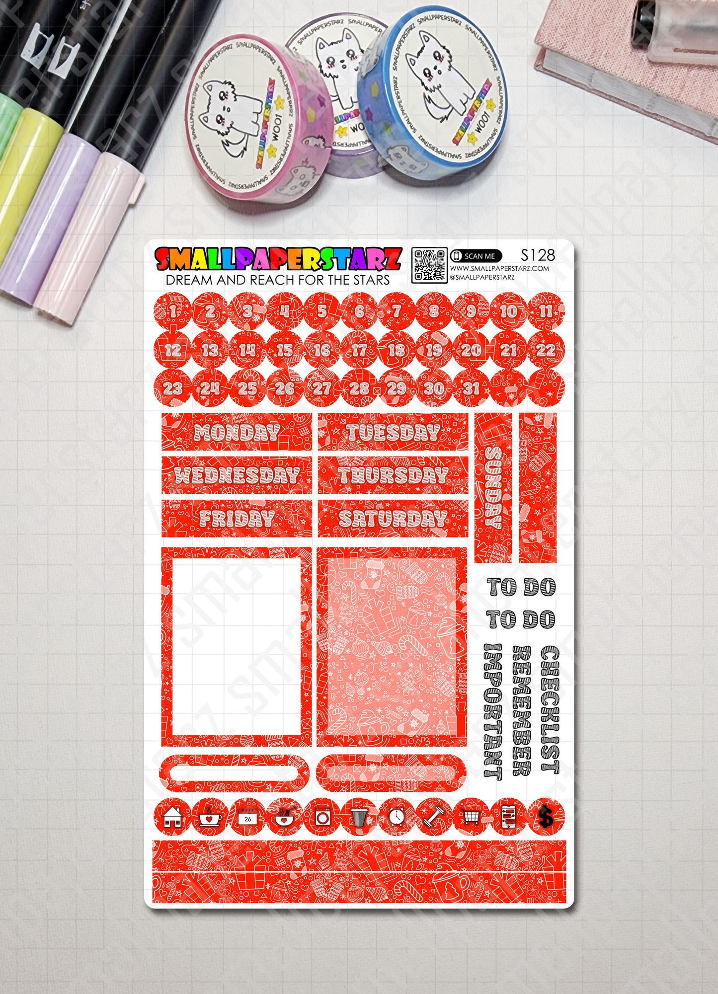 S128 - Christmas Holidays Red Monthly Planner Kit Functional Sticker Sheet