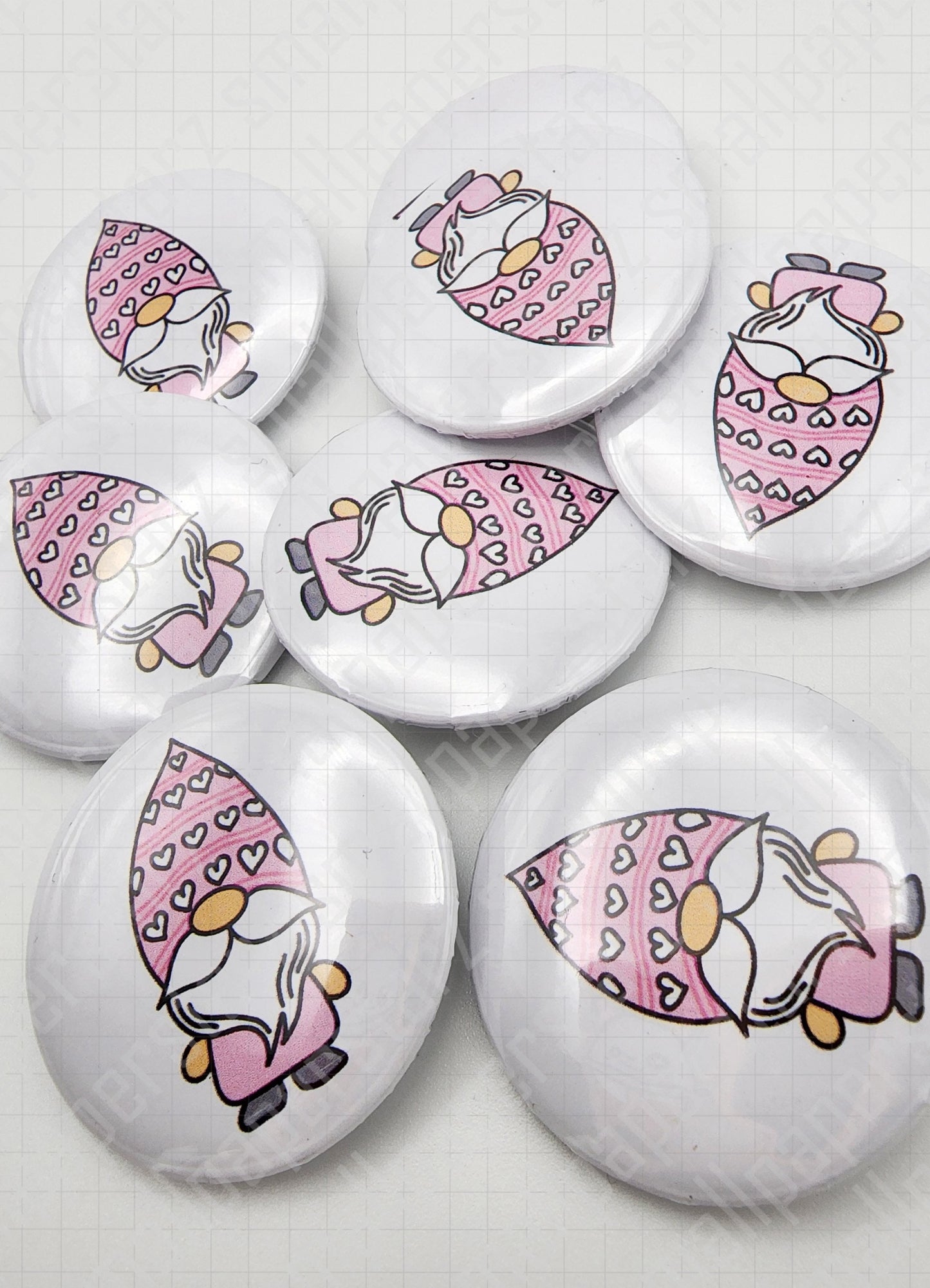 L001 - Pink Heart Valentine's Gnome Pinback Button / Badge